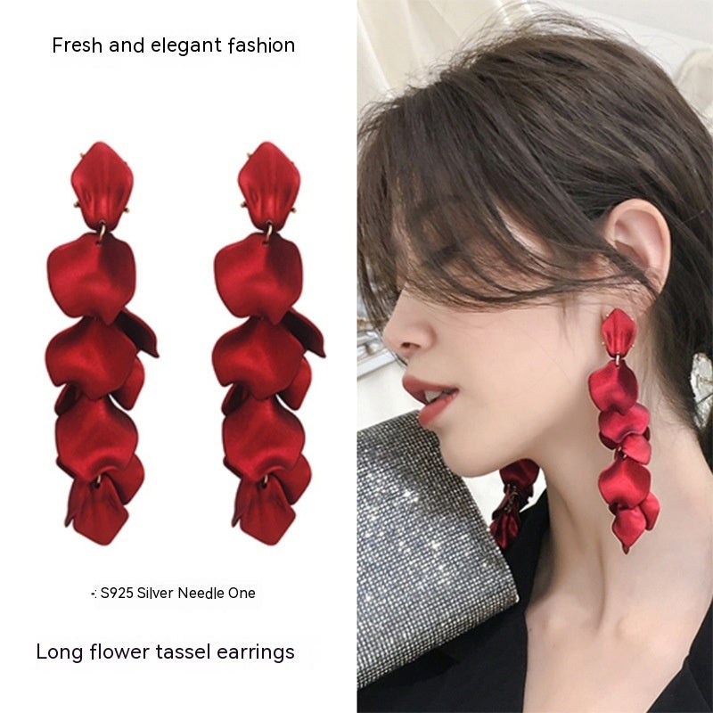 Long Rose Petal Fringed Fashionable Earrings