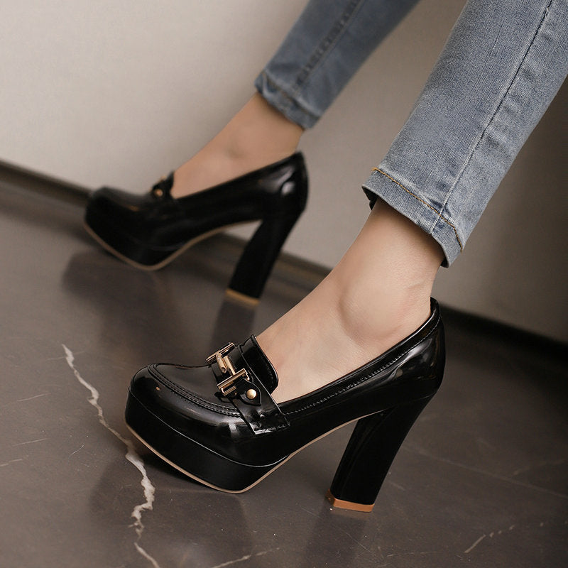 Chunky Heel High Heel Leather Shoes