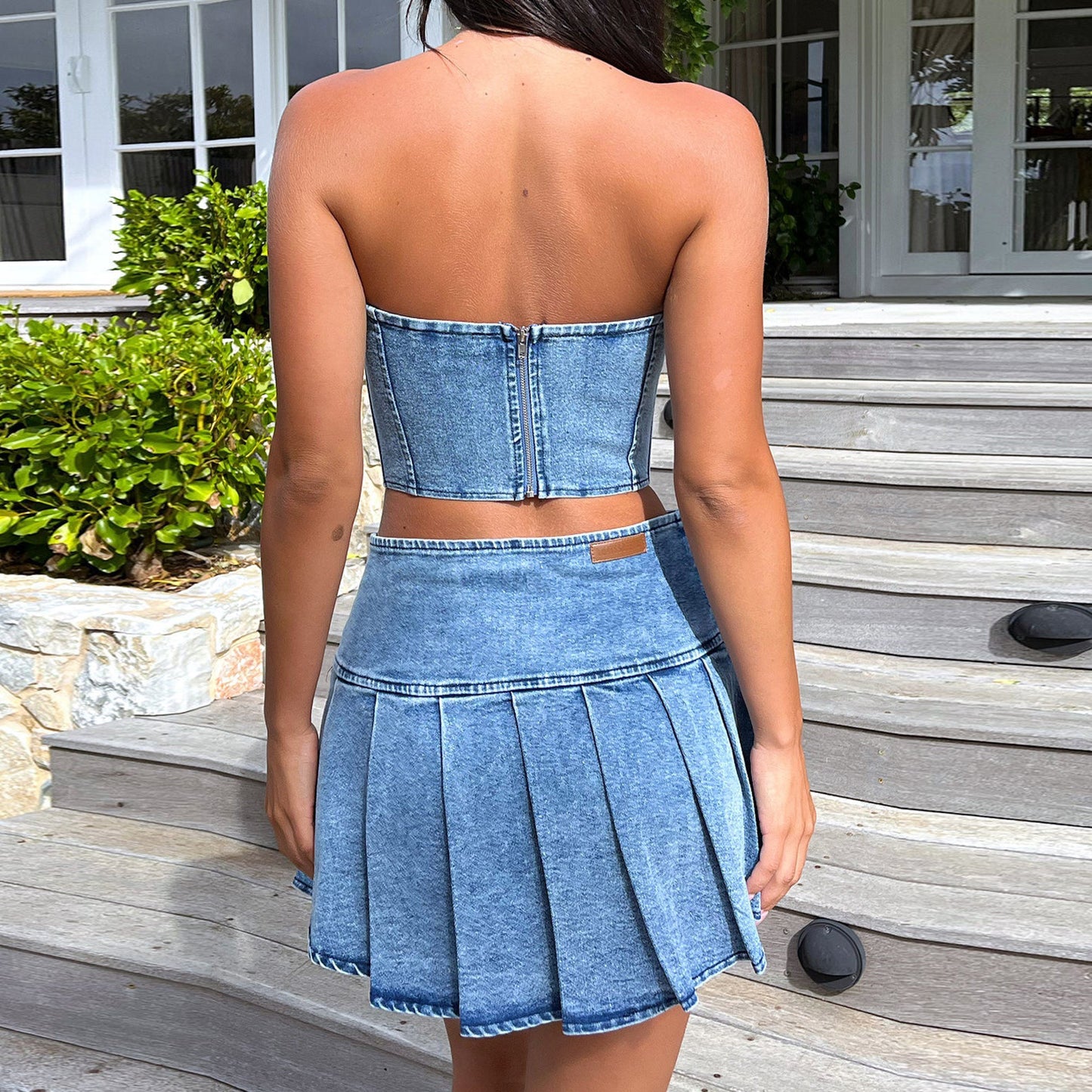 Women's Tube Top Denim Sleeveless High Waist Skirt Suit