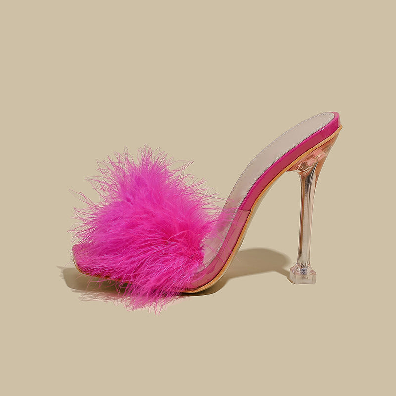 Furry Transparent Broadband Crystal Heel Stiletto