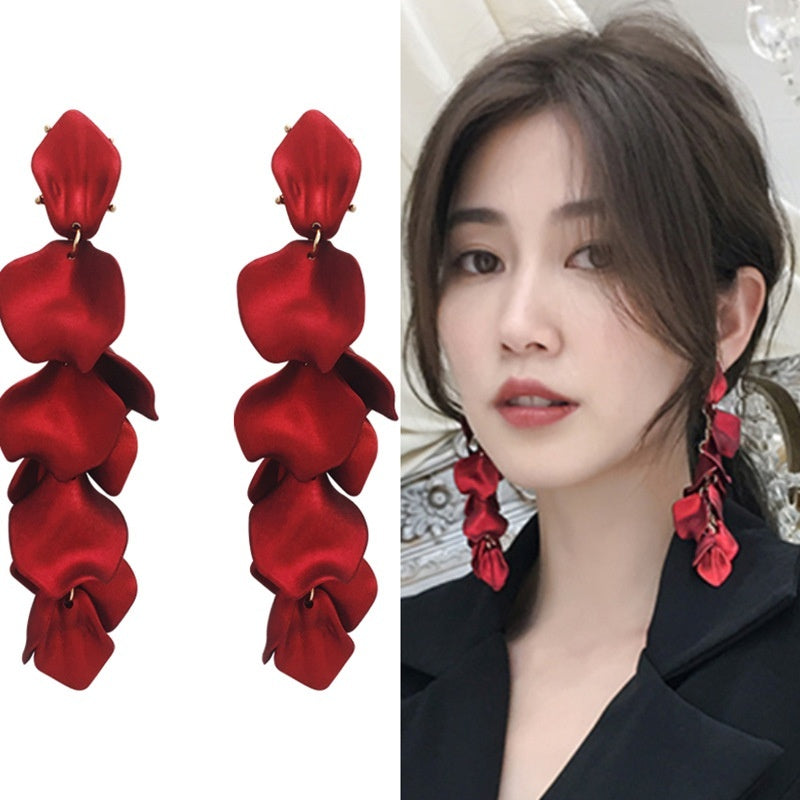 Long Rose Petal Fringed Fashionable Earrings