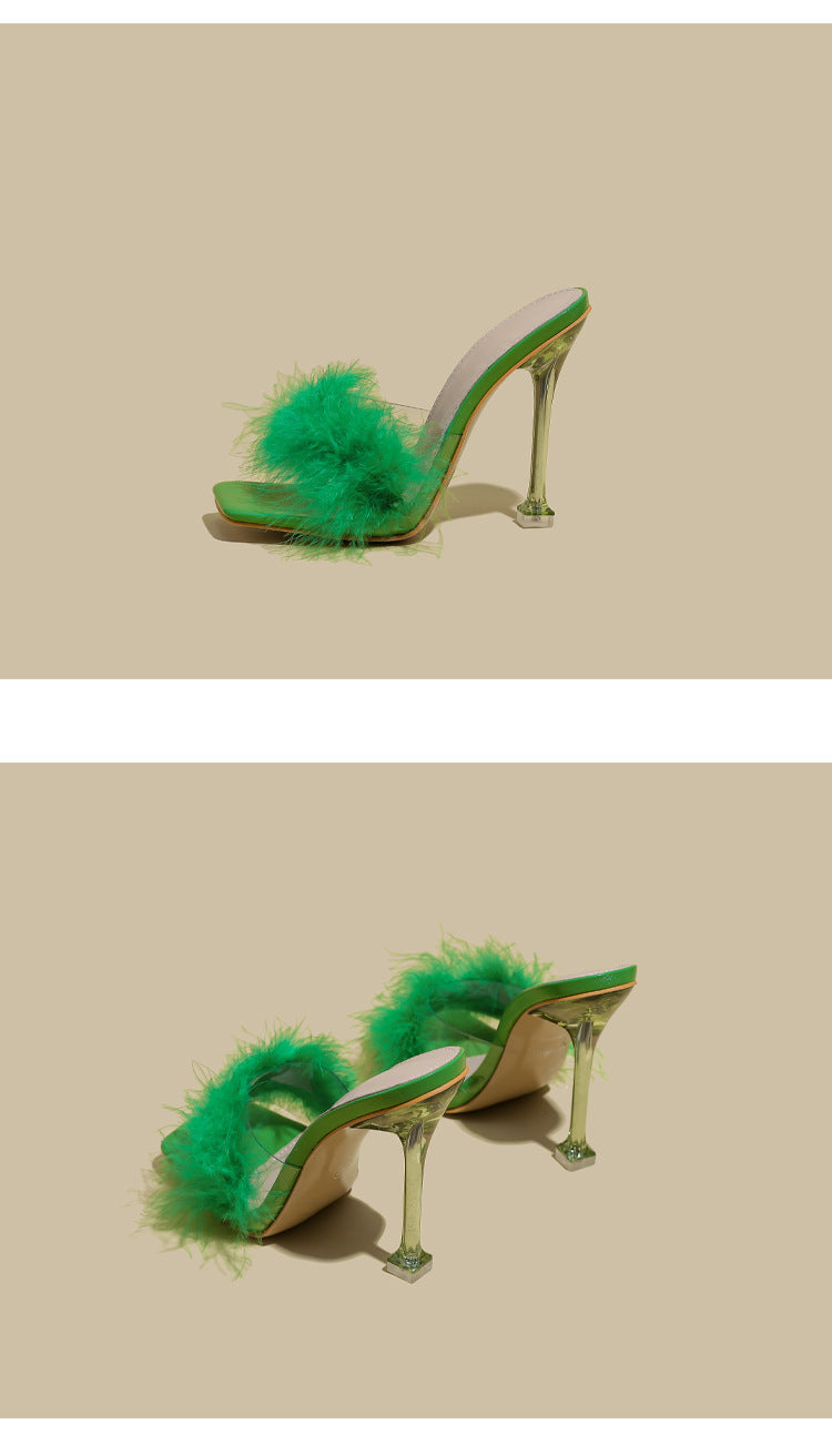 Furry Transparent Broadband Crystal Heel Stiletto