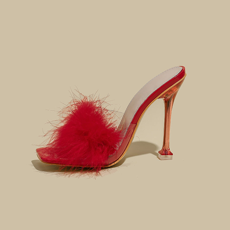 Furry Transparent Broadband Crystal Heel Stiletto