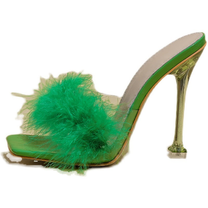 Furry Transparent Broadband Crystal Heel Stiletto