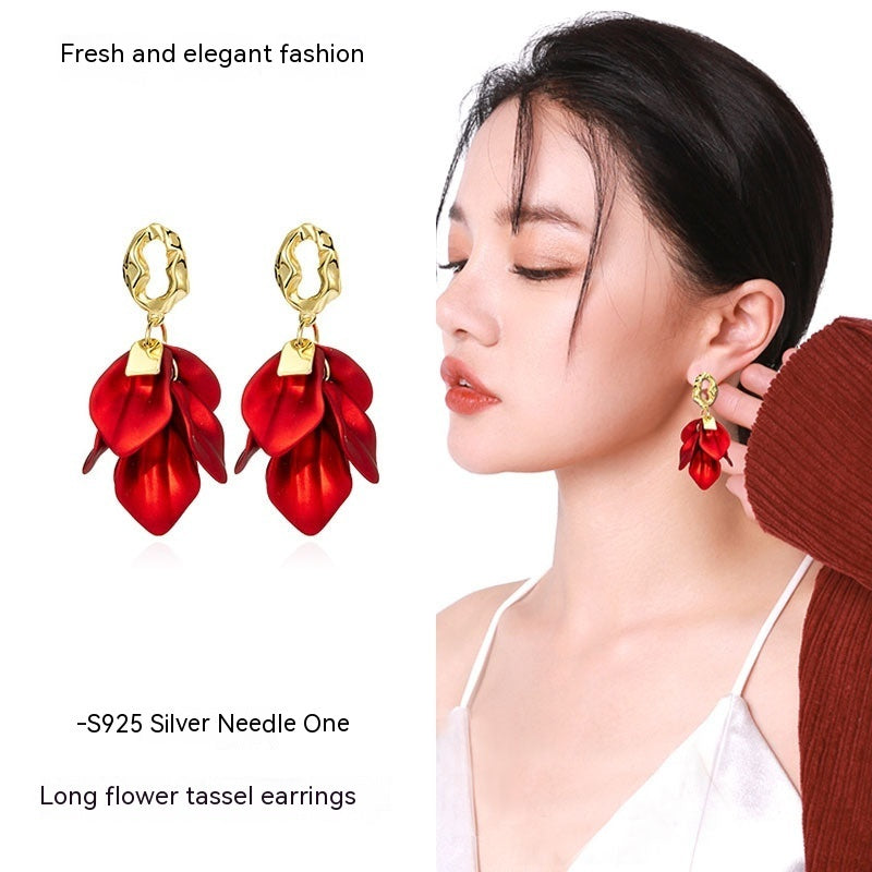 Long Rose Petal Fringed Fashionable Earrings