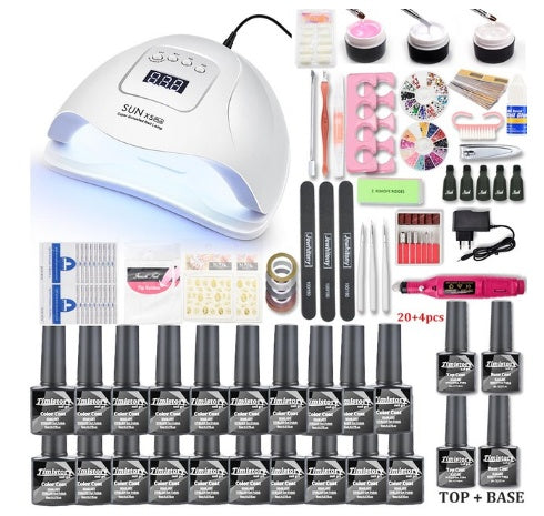 80W UV nail dryer with complete gel nail kit including polishes, tools, and accessories for nail art