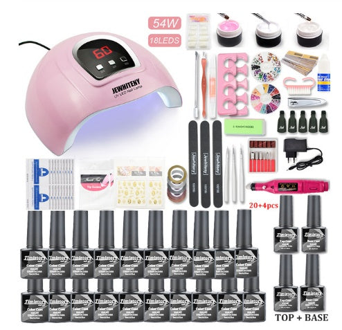 80W UV nail dryer in pink with various nail care tools and gels for home manicures