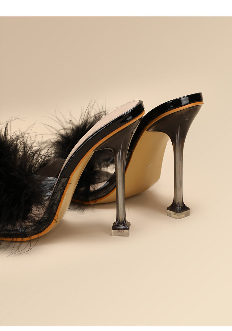 Furry Transparent Broadband Crystal Heel Stiletto