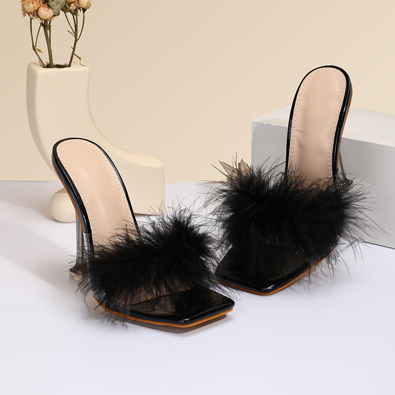 Furry Transparent Broadband Crystal Heel Stiletto