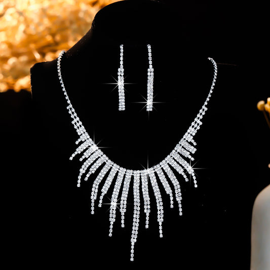 Rhinestone Necklace Earrings Elegant Set