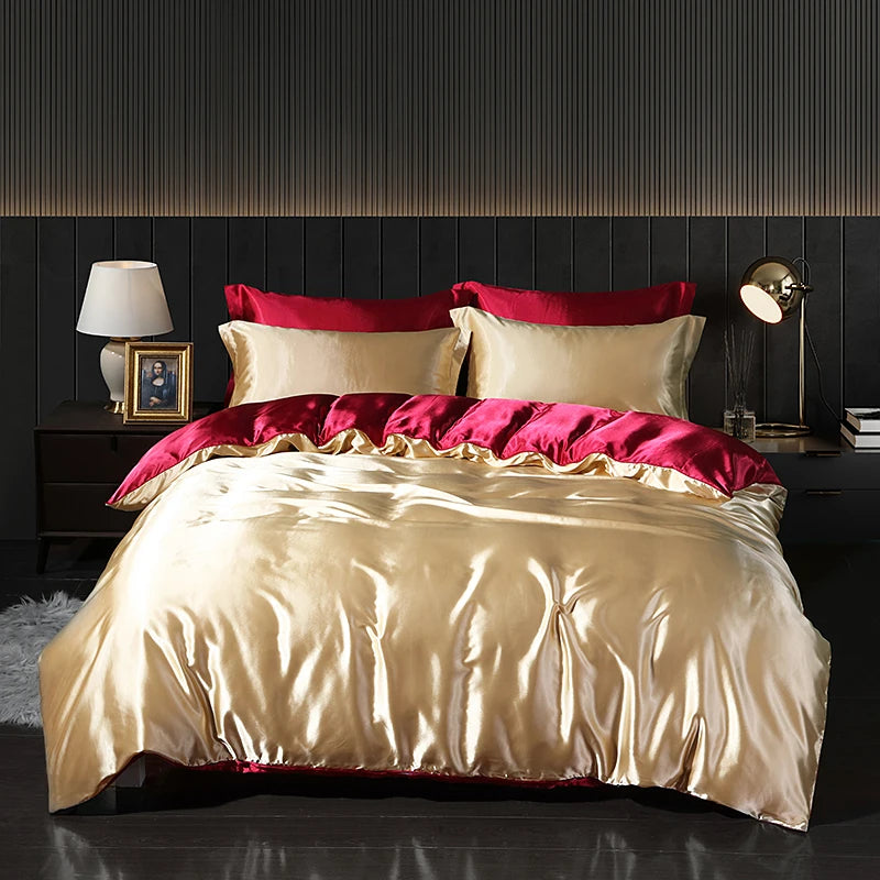Luxury Satin Bedding Set in Gold and Red