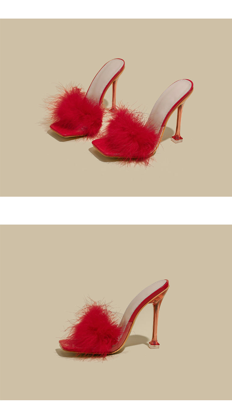 Furry Transparent Broadband Crystal Heel Stiletto