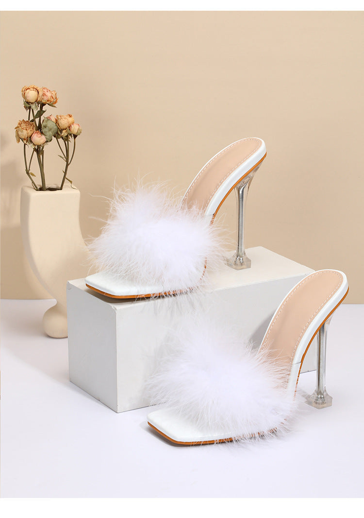 Furry Transparent Broadband Crystal Heel Stiletto