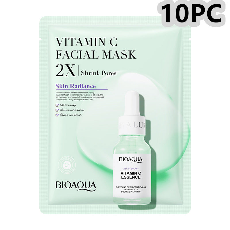BioAqua Vitamin C Facial Mask 10PC pack for skin radiance and pore shrinking with collagen face mask benefits