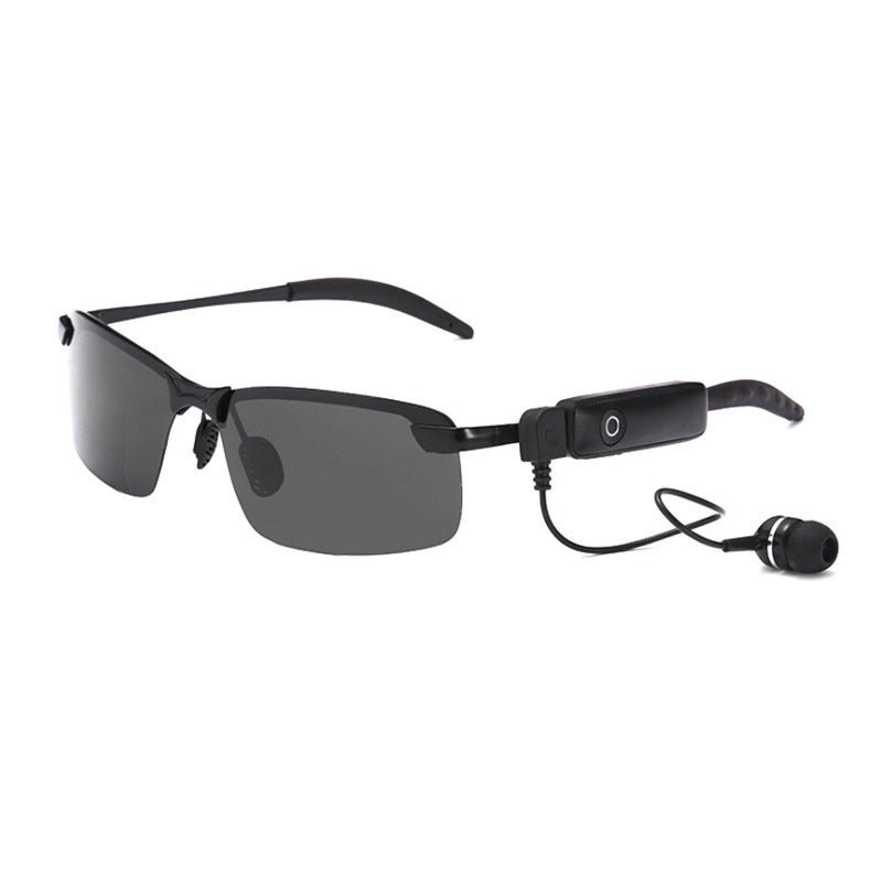 Bluetooth audio sunglasses with dark lenses and integrated audio controls for music on the go