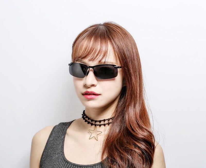 Chic woman wearing Bluetooth audio sunglasses with sleek design and stylish black frame