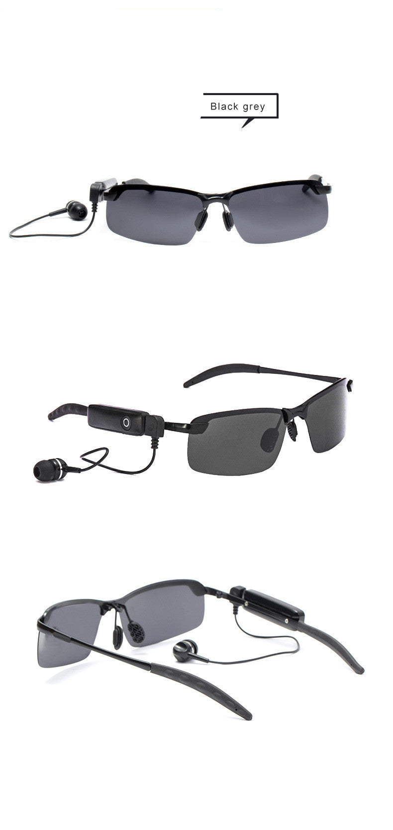 Bluetooth audio sunglasses in black grey with integrated speakers for wireless music listening