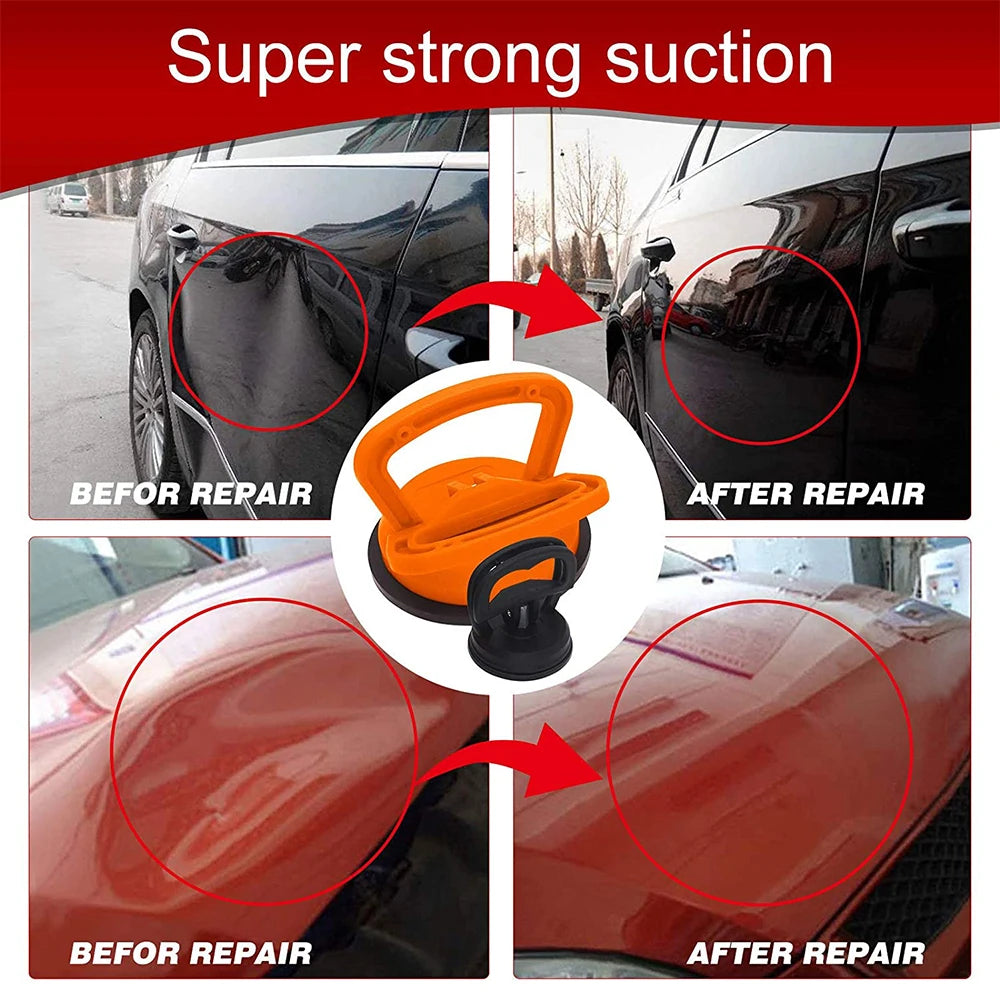 Car dent repair suction cup demonstrating super strong suction with before and after images of car repairs