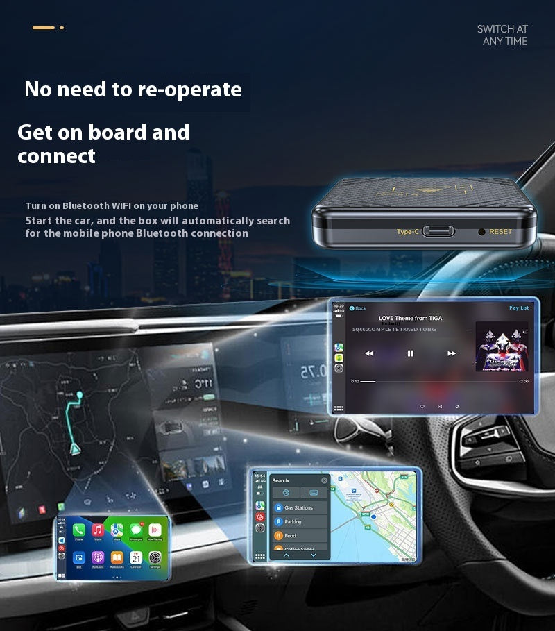 CarPlay Android box for cars displaying navigation and music options on a dashboard screen