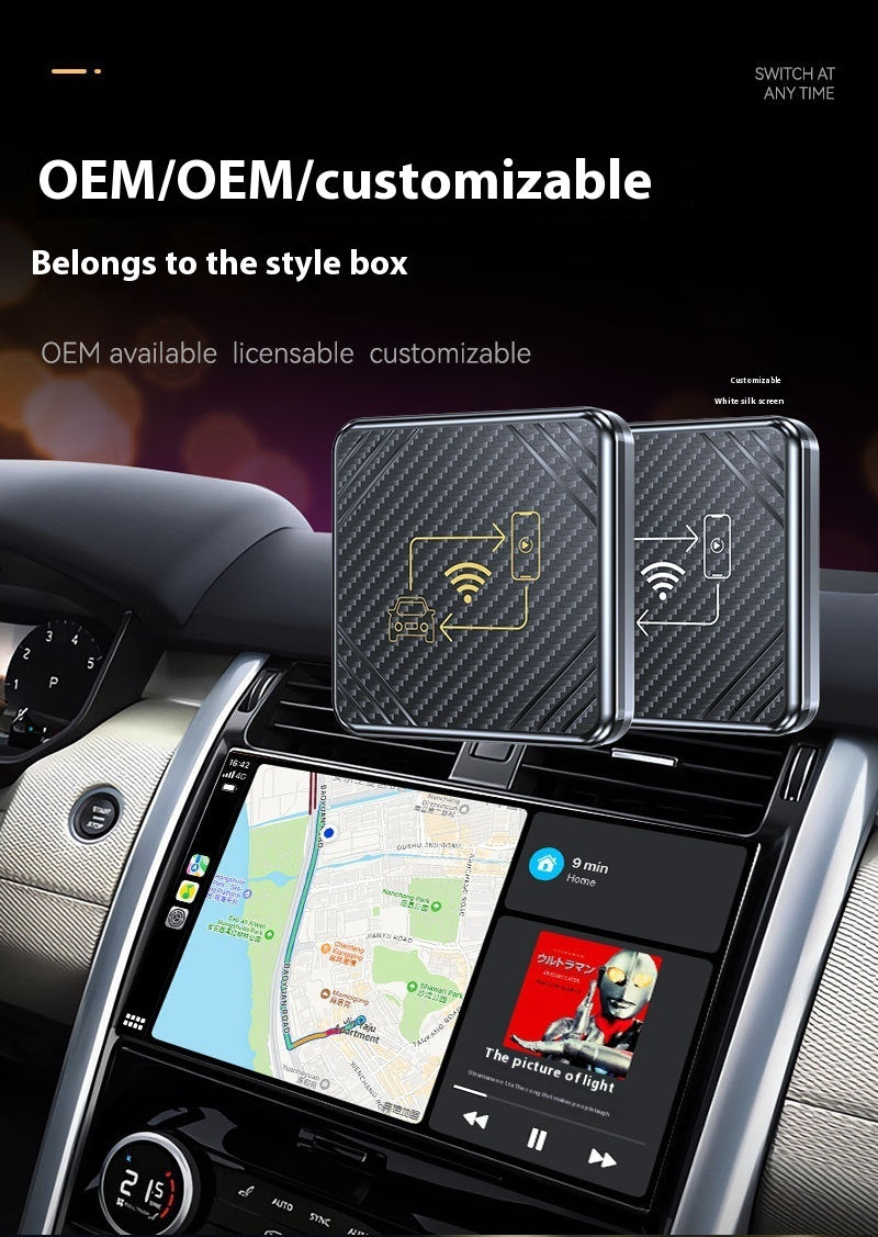 CarPlay Android box for cars showcased in a vehicle dashboard with navigation and customization options