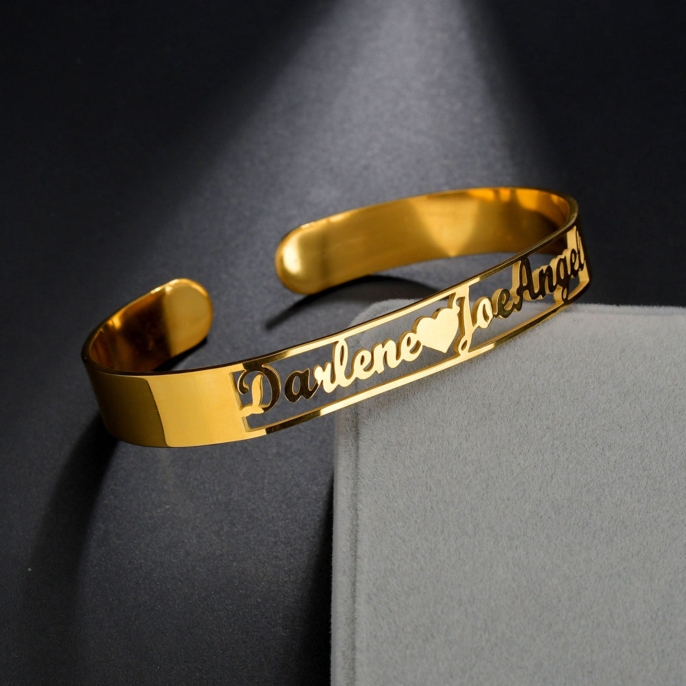 Custom name bracelet in gold featuring personalized engraving for a unique accessory