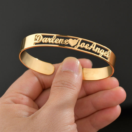 Custom name bracelet in gold featuring personalized names Darlene, Joe, and Angel for a unique gift