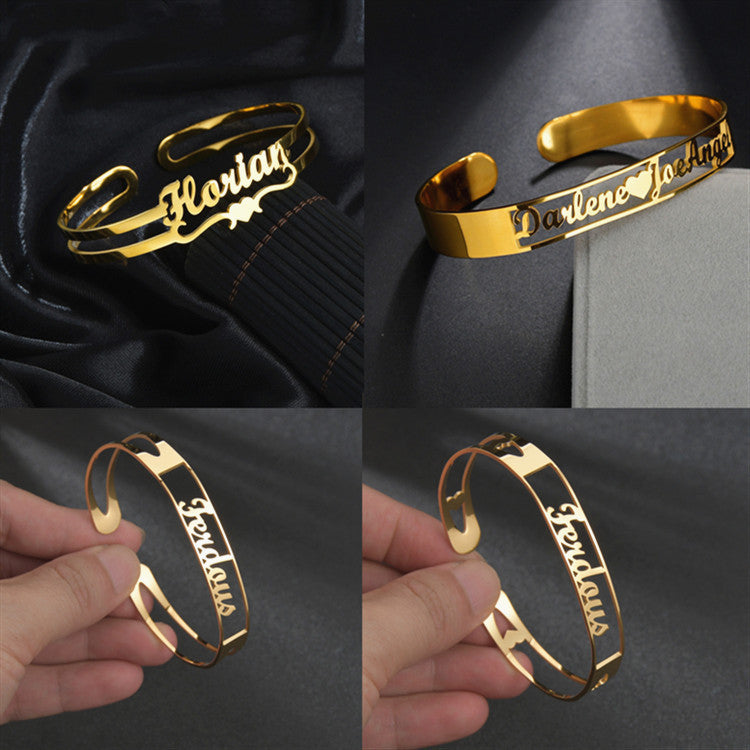 Custom name bracelet in gold featuring personalized names in an elegant design
