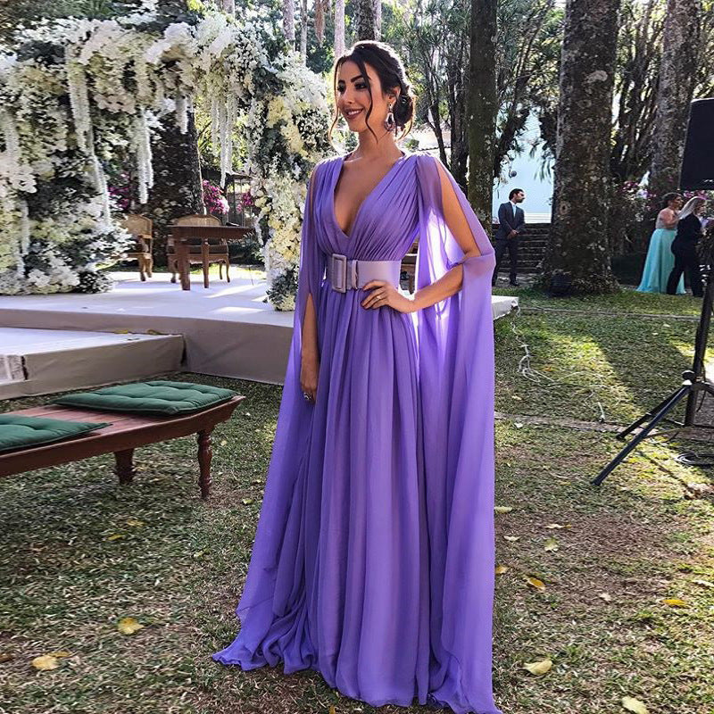 Elegant purple deep V waist dress for events with flowing sleeves and a stylish waist belt
