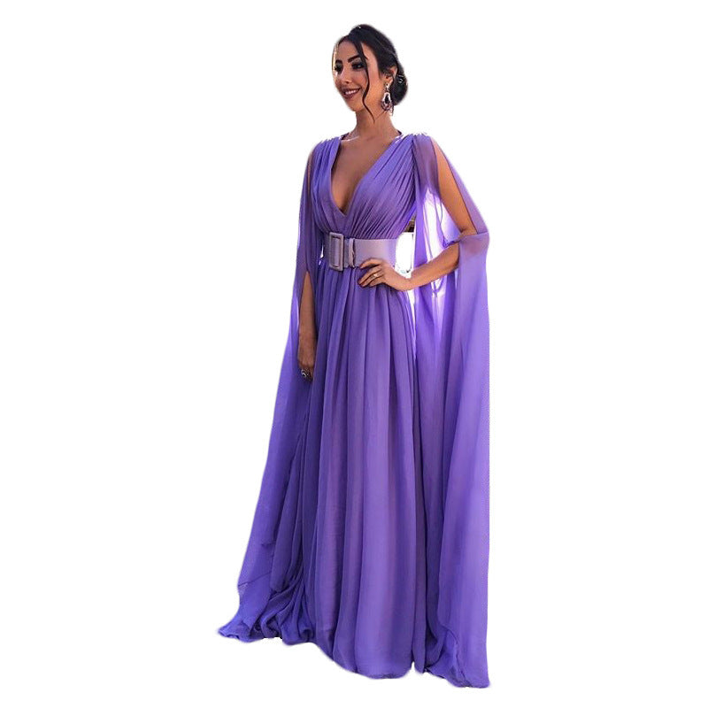 Elegant purple deep V waist dress for events with stylish cape sleeves and a stylish belt