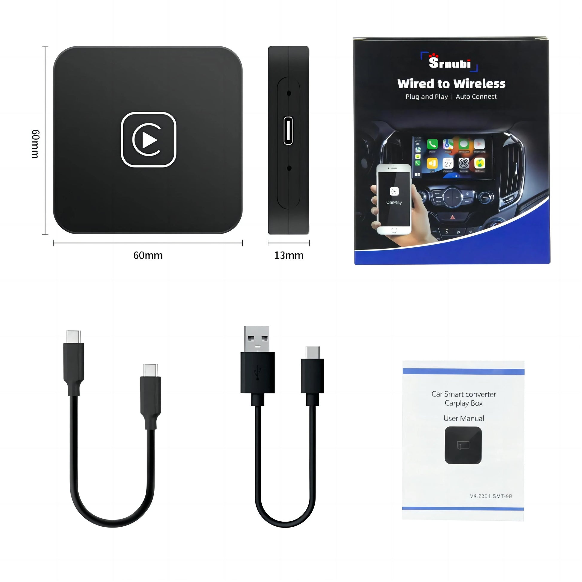 Universal CarPlay Android Auto Box with compact design, USB cables, user manual, and packaging for easy connectivity