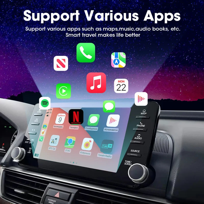 Universal CarPlay Android Auto Box displaying various apps including maps, music, and audio books.