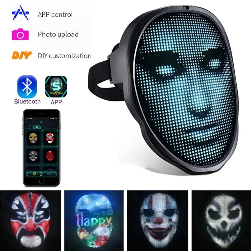 DIY customizable party mask with LED display and Bluetooth app control for personalized designs