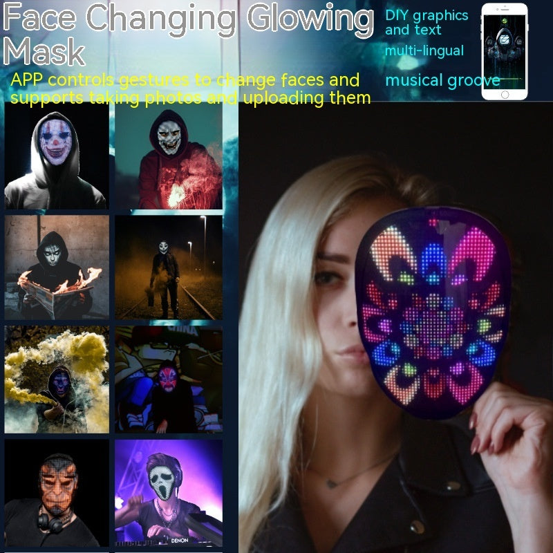 Face changing glowing mask with customizable designs, controlled by an app for a DIY customizable party mask experience