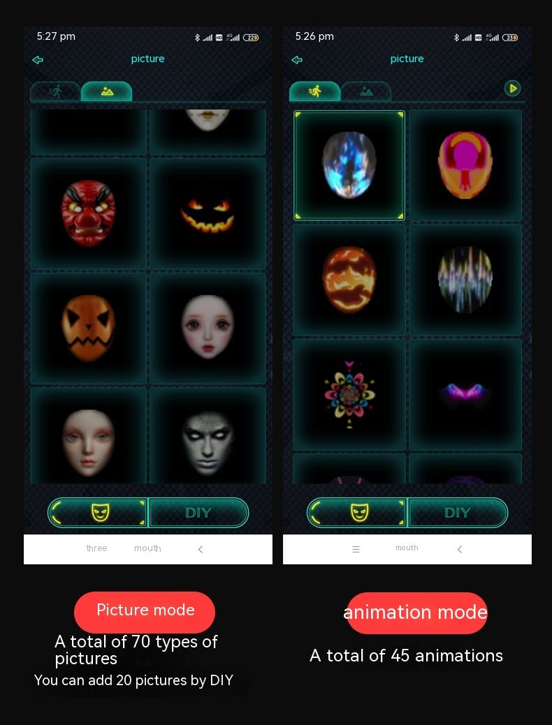 User interface displaying DIY customizable party mask options with 70 picture types and 45 animations
