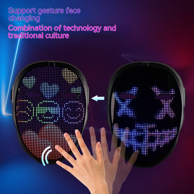 DIY customizable party mask featuring gesture face changing technology and vibrant LED design