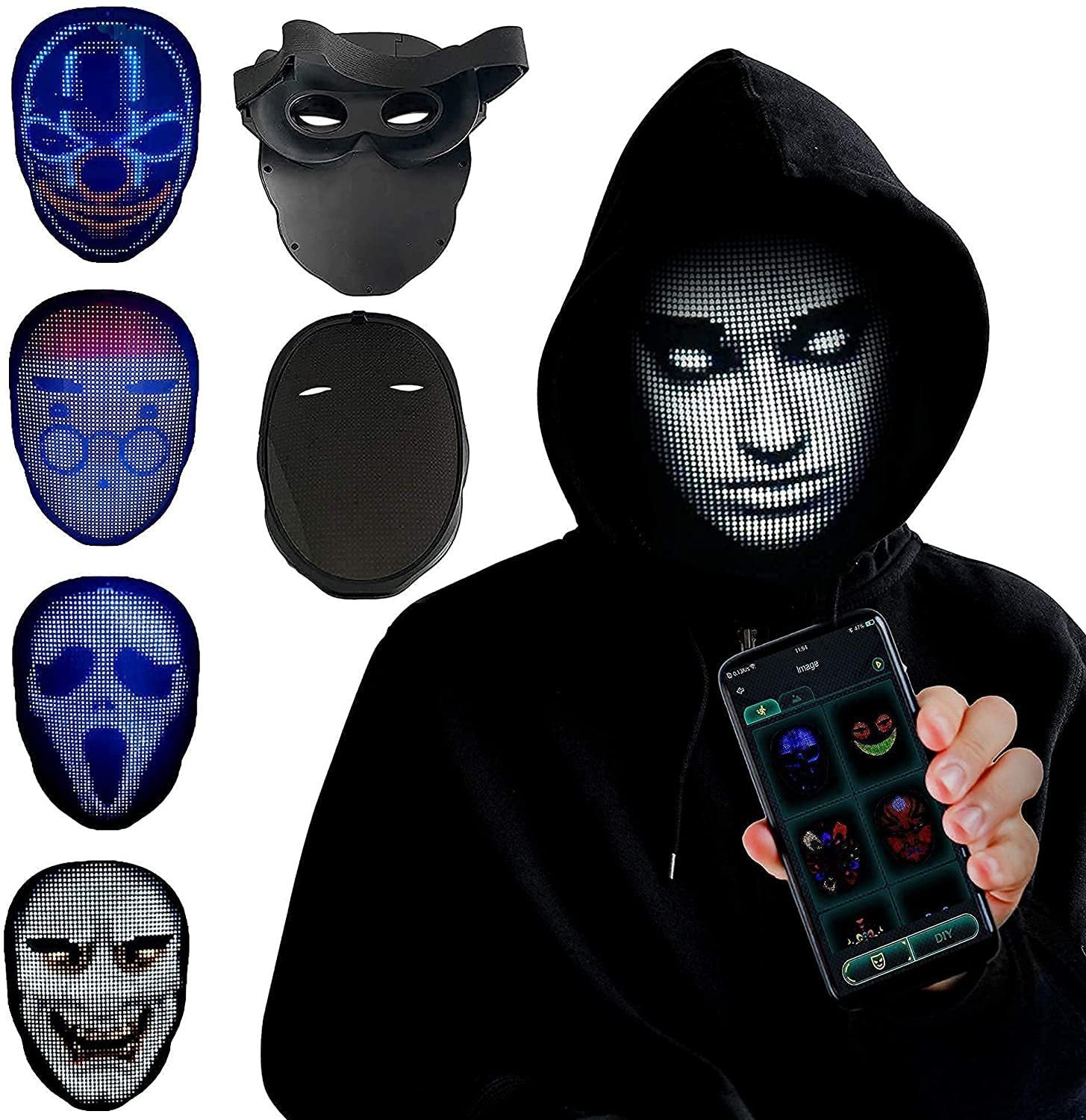 DIY customizable party mask with LED displays and various designs for fun celebrations