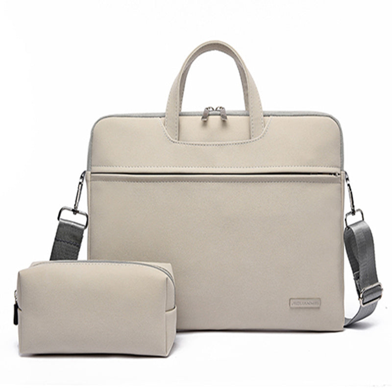 Stylish and functional durable work bag for laptops with removable accessory pouch in light gray
