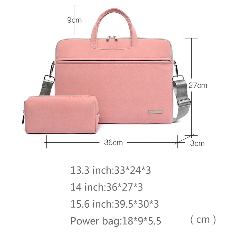 Pink durable work bag for laptops with detachable power pouch and dimensions for various laptop sizes