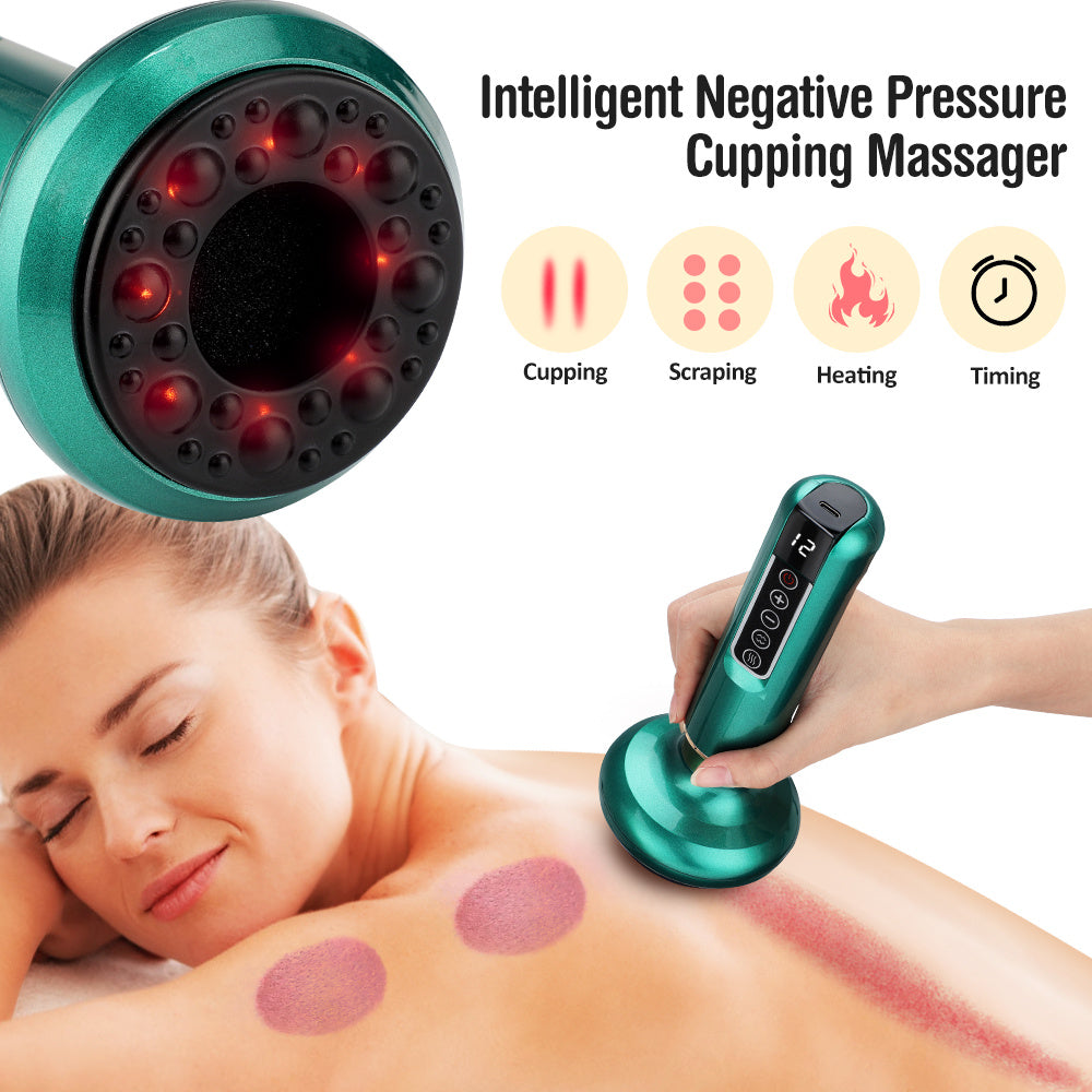Electric vacuum cupping massager with LED indicator and heating function for deep tissue relief