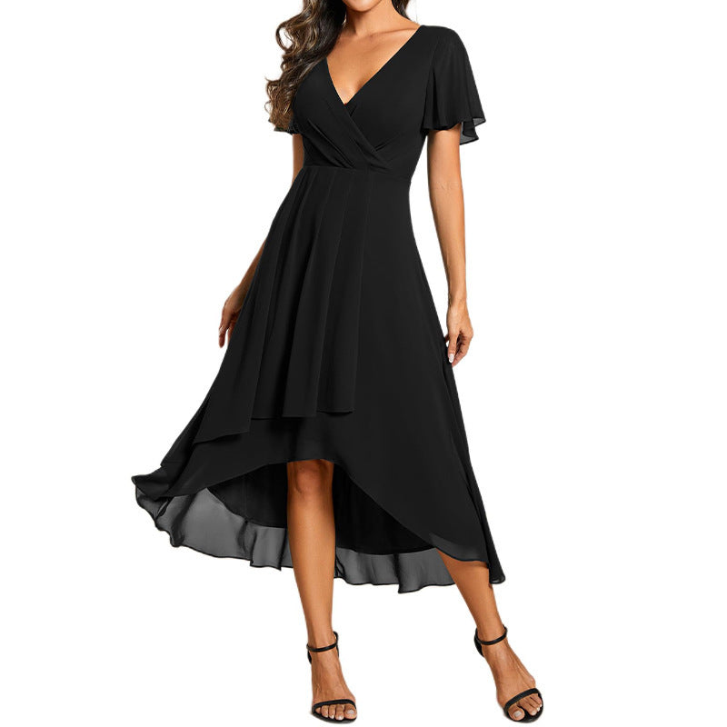 Elegant chiffon dress for women in black with a flowy high-low hemline and short flutter sleeves
