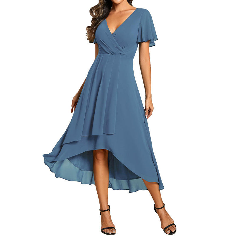 Elegant chiffon dress for women in blue with a flowy high-low hem and flutter sleeves