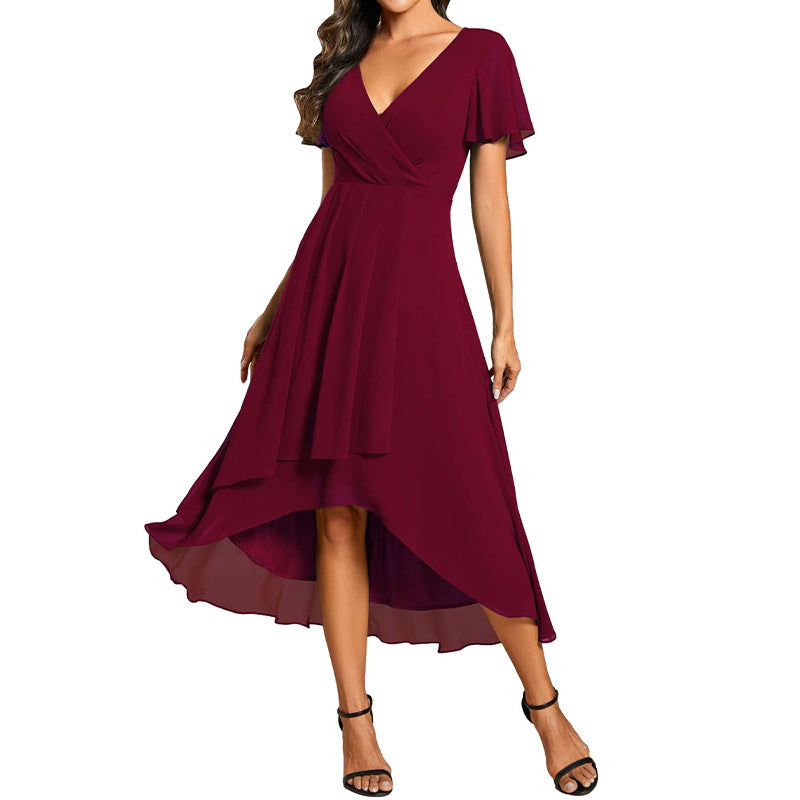 Elegant chiffon dress for women in burgundy with flutter sleeves and a high-low hemline