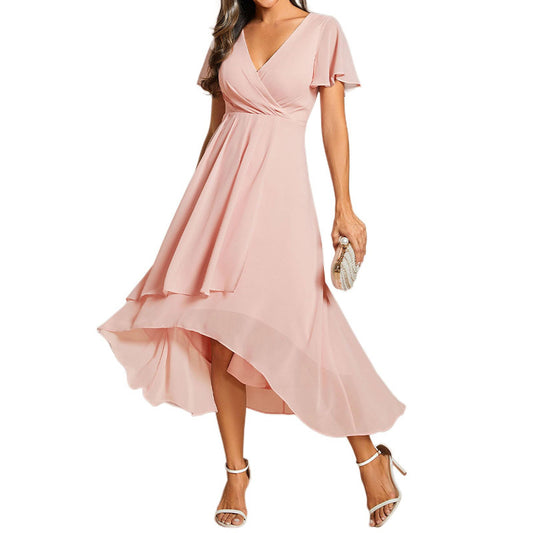 Elegant chiffon dress for women in soft pink with flutter sleeves and high-low hemline