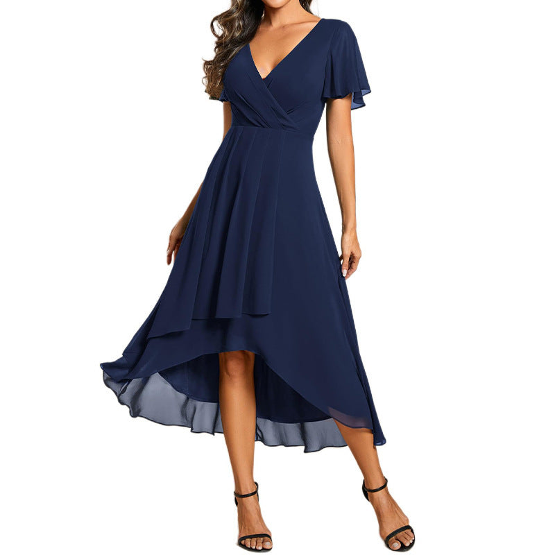 Elegant chiffon dress for women in navy blue with a flattering high-low hemline and short flutter sleeves