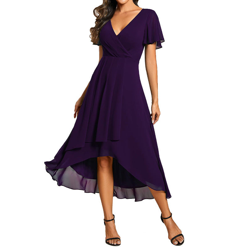 Elegant chiffon dress for women in purple with a flowy high-low hem and short sleeves