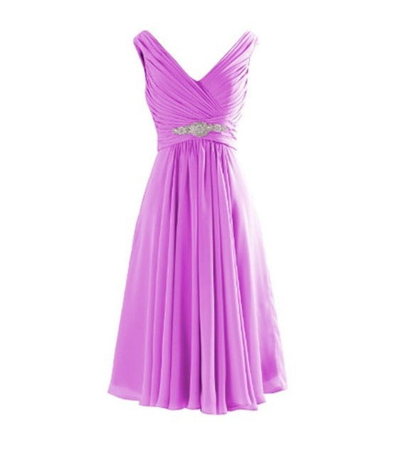 Elegant evening dress online in vibrant purple with a flattering V-neck and jeweled waistband