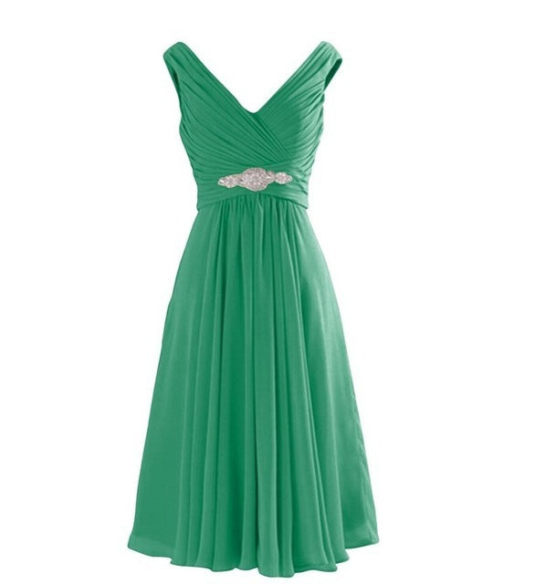 Elegant green evening dress online with flattering V-neck and jeweled waist detail