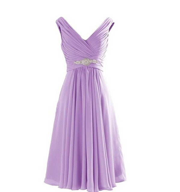 Elegant lavender evening dress online with a flattering v-neck and jeweled waist detail