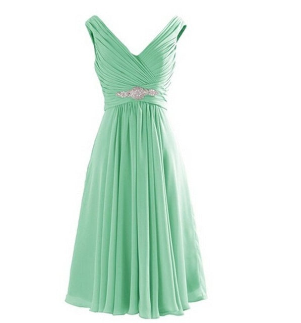 Mint green elegant evening dress online with a flattering V-neck and embellished waist detail