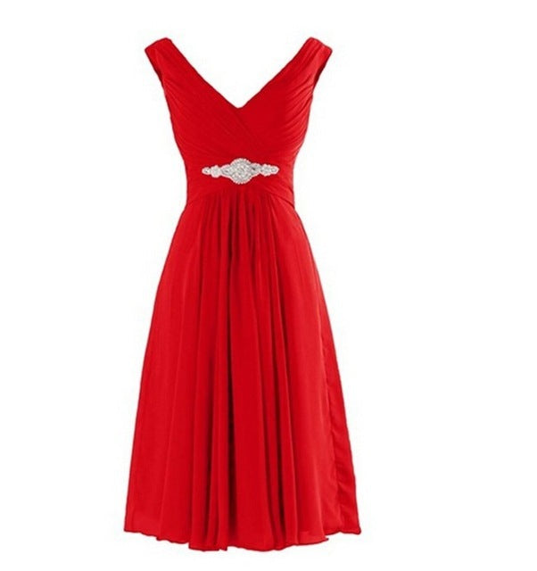 Red elegant evening dress online featuring a flattering V-neck and embellished waist for special occasions